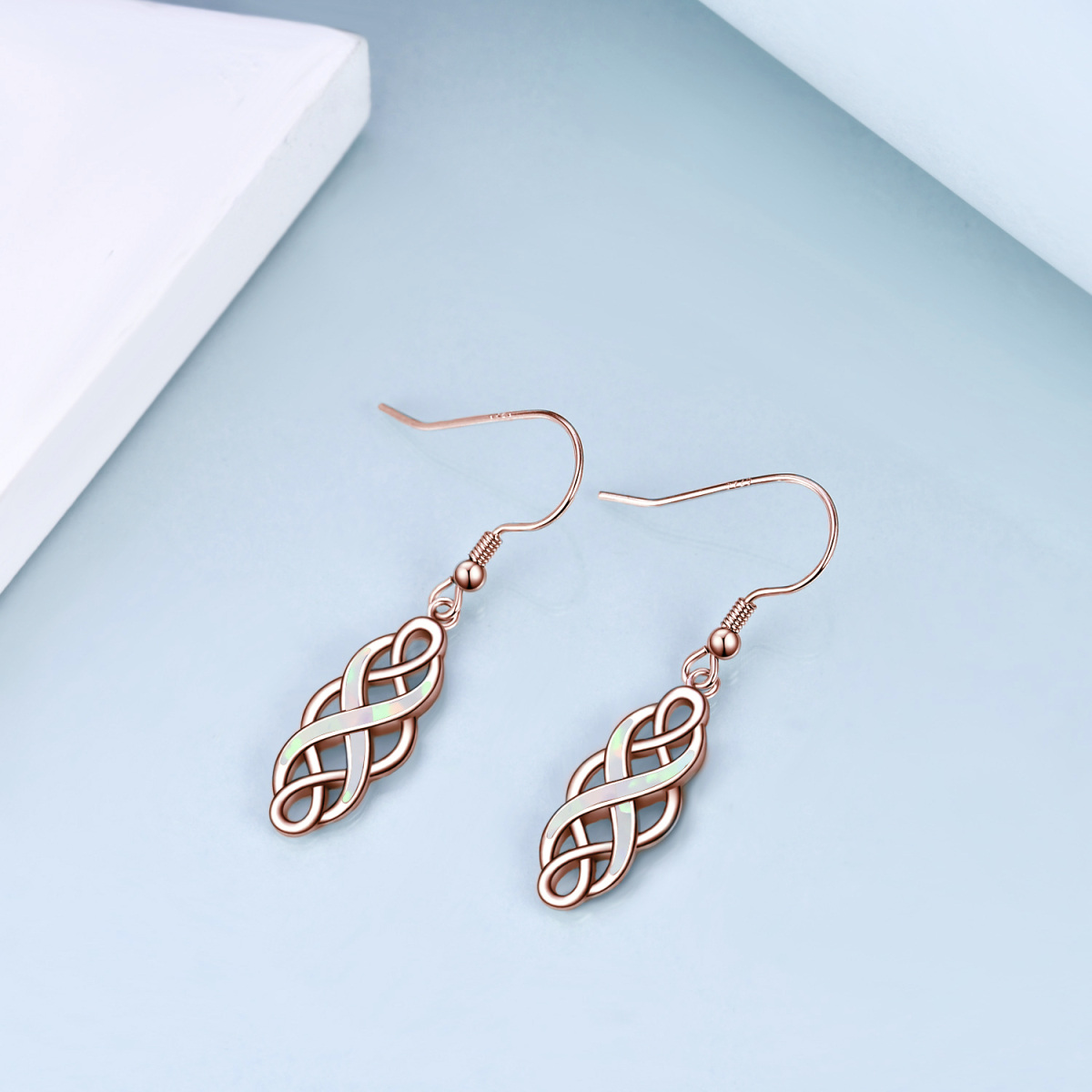 Boucles d'oreilles pendantes en argent sterling avec nœud celtique en opale plaqué or rose-3