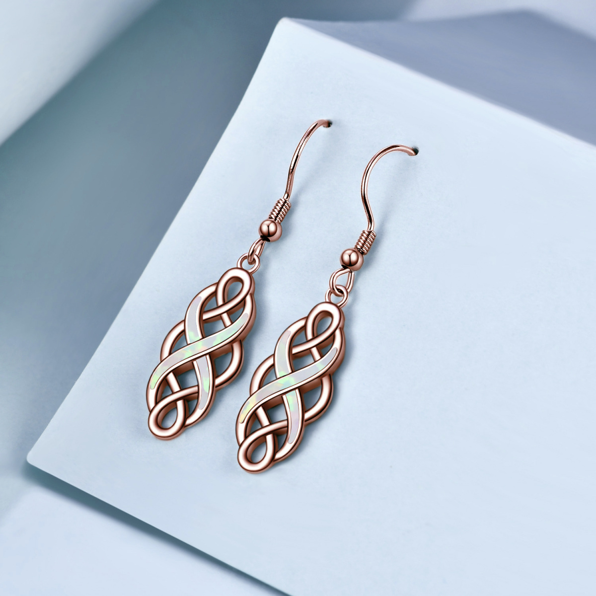 Sterling Silver with Rose Gold Plated Opal Celtic Knot Drop Earrings-4