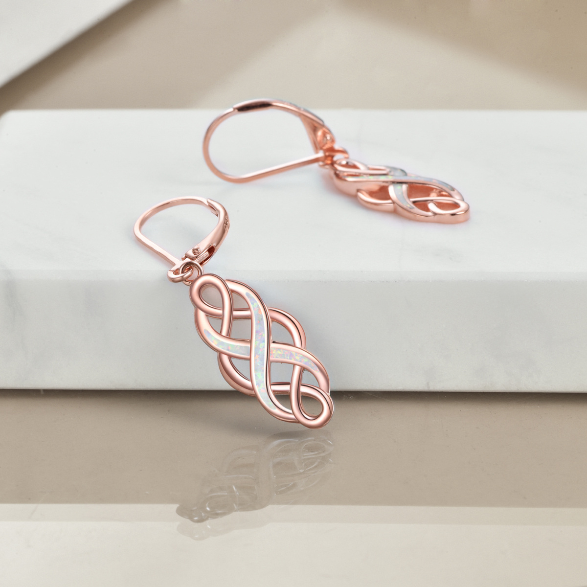 Sterling Silver with Rose Gold Plated Opal Celtic Knot Drop Earrings-3