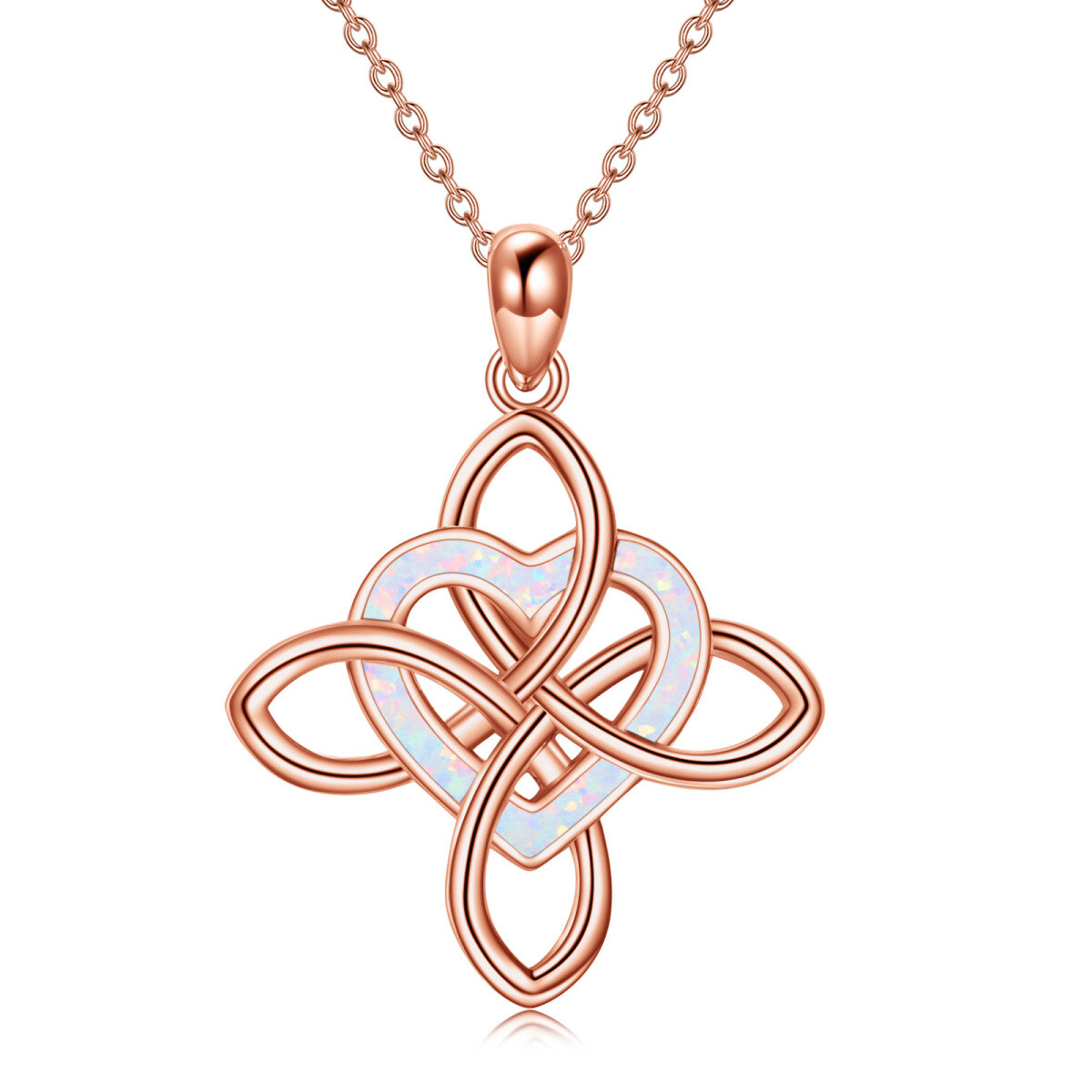 Halskette mit keltischem Knoten-Herzanhänger aus Sterlingsilber mit rosévergoldetem Opal-1