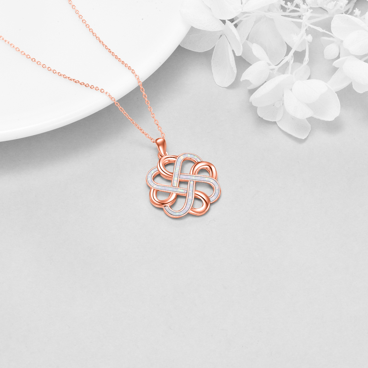 Sterling Silver with Rose Gold Plated Opal Celtic Knot Pendant Necklace-4