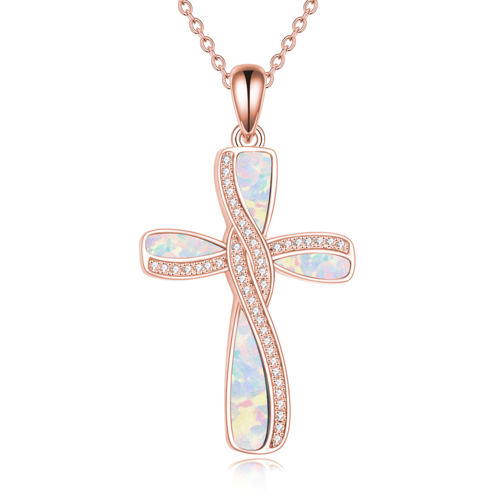Kreuz-Halskette aus Sterlingsilber mit rosévergoldetem Opal für Damen-1