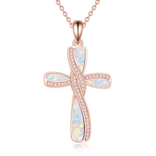 Sterling Silver with Rose Gold Plated Opal Cross Necklace for Women-21