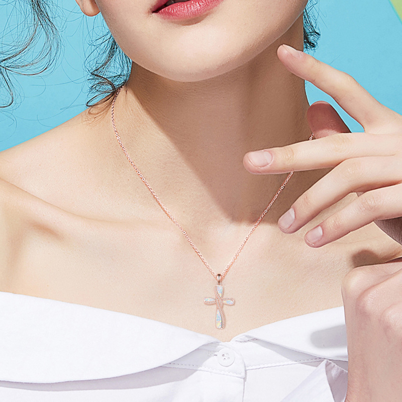 Sterling Silver with Rose Gold Plated Opal Cross Necklace for Women-2