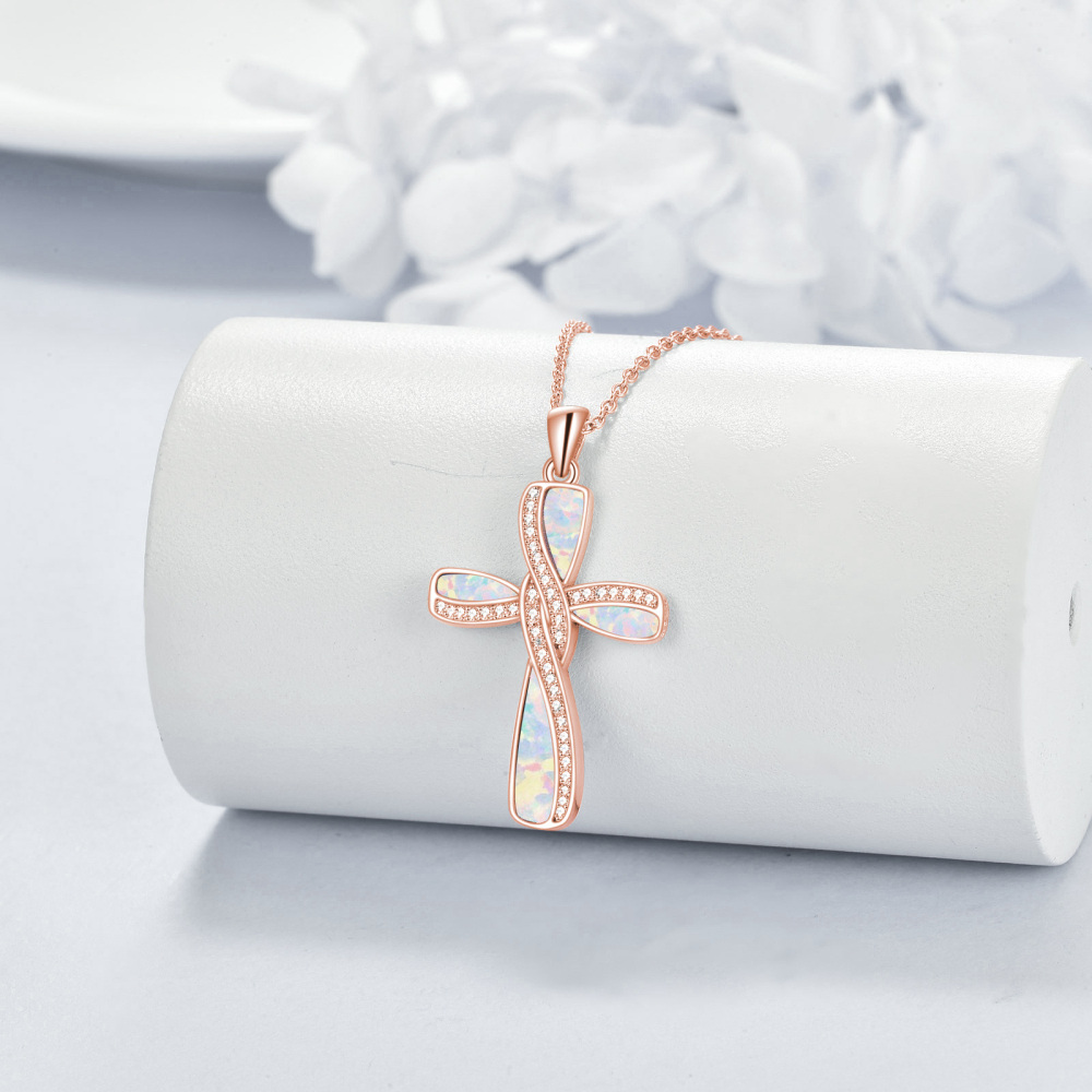 Kreuz-Halskette aus Sterlingsilber mit rosévergoldetem Opal für Damen-3