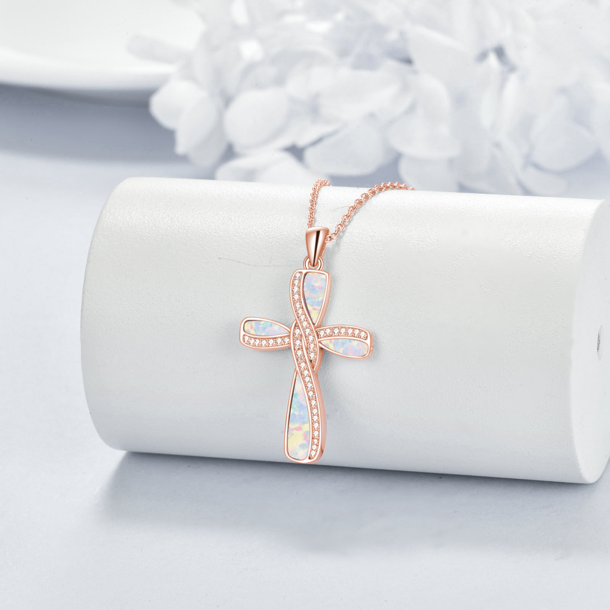 Sterling Silver with Rose Gold Plated Opal Cross Pendant Necklace with Engraved Word-3