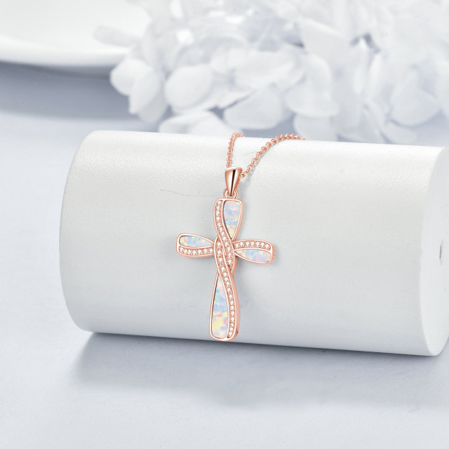 Sterling Silber mit Rose Gold plattiert Opal Kreuz Anhänger Halskette mit eingraviertem Wo-3