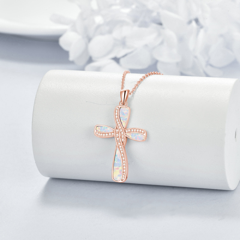 Sterling Silver with Rose Gold Plated Opal Cross Necklace for Women-3