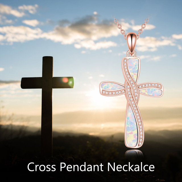 Sterling Silver with Rose Gold Plated Opal Cross Pendant Necklace with Engraved Word-4