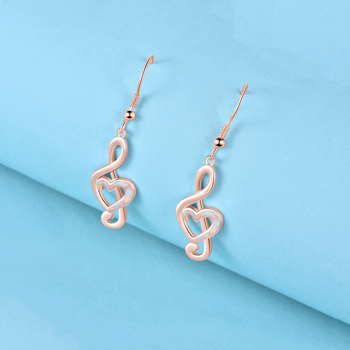 Sterling Silver with Rose Gold Plated Opal Heart & Music Symbol Drop Earrings-4