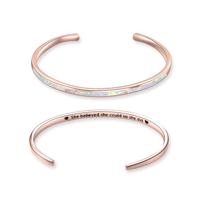 Sterling Silver with Rose Gold Plated Opal Heart Plain Bangle with Engraved Word-1