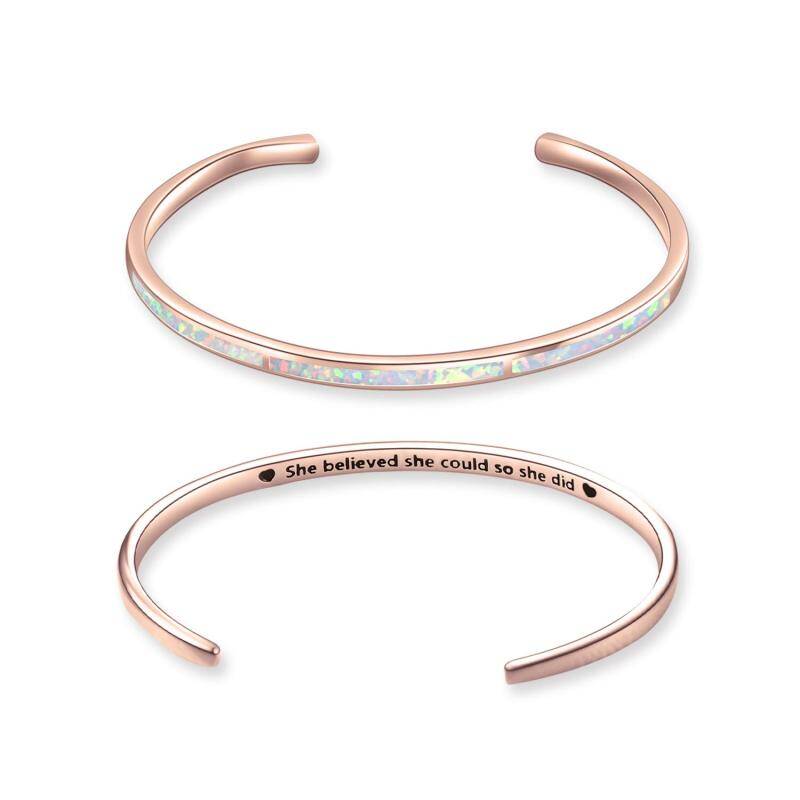 Sterling Silver with Rose Gold Plated Opal Heart Plain Bangle with Engraved Word-57