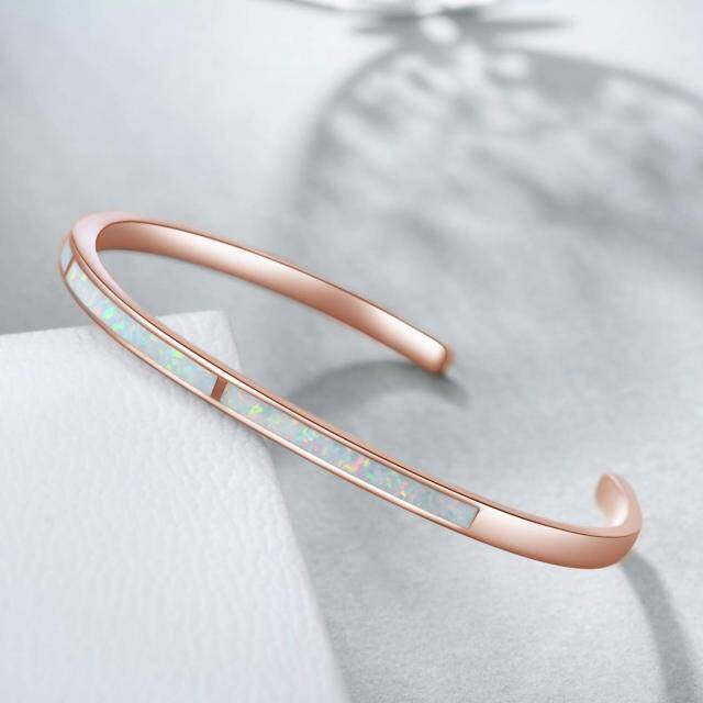 Sterling Silver with Rose Gold Plated Opal Heart Plain Bangle with Engraved Word-3