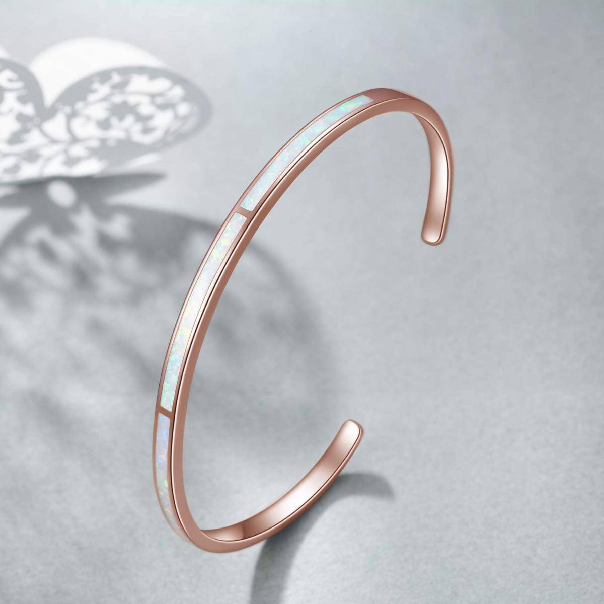 Sterling Silver with Rose Gold Plated Opal Heart Plain Bangle with Engraved Word-4