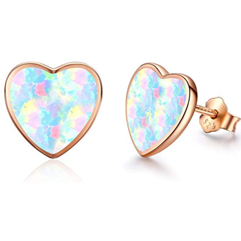 Sterling Silver Rose Gold Plated Opal Heart Stud Earrings for Women Kids-1