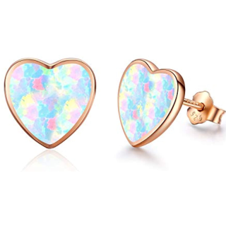 Sterling Silver Rose Gold Plated Opal Heart Stud Earrings for Women Kids-4