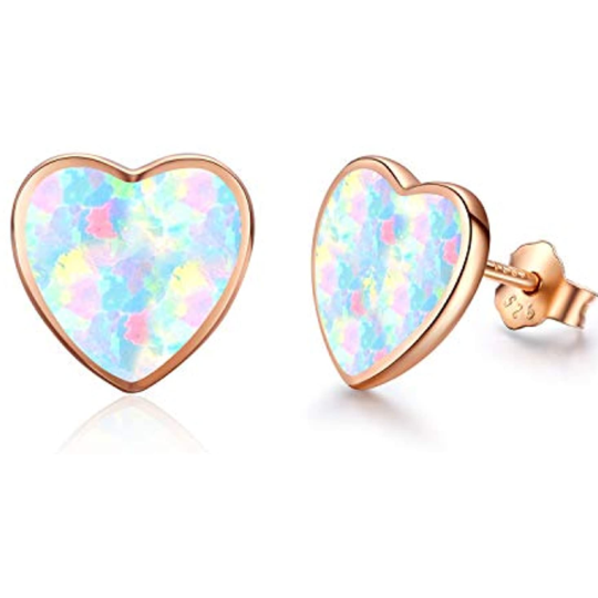 Sterling Silver Rose Gold Plated Opal Heart Stud Earrings for Women Kids