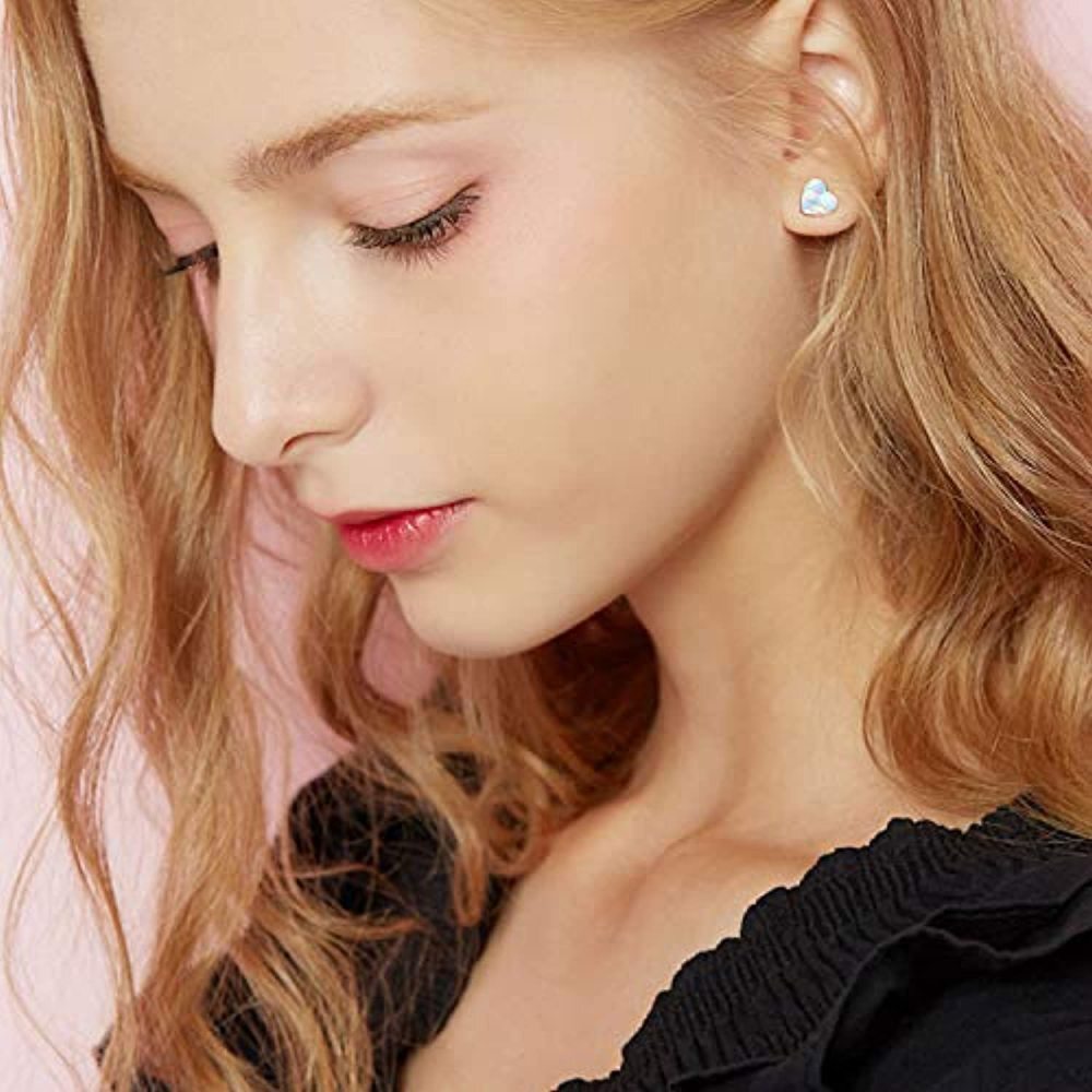 Pendientes de botón con forma de corazón de ópalo chapado en oro rosa y plata esterlina para mujeres y niños-3