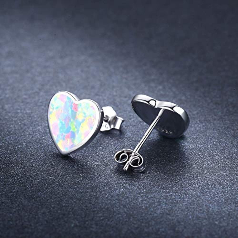 Pendientes de botón con forma de corazón de ópalo chapado en oro rosa y plata esterlina para mujeres y niños-5