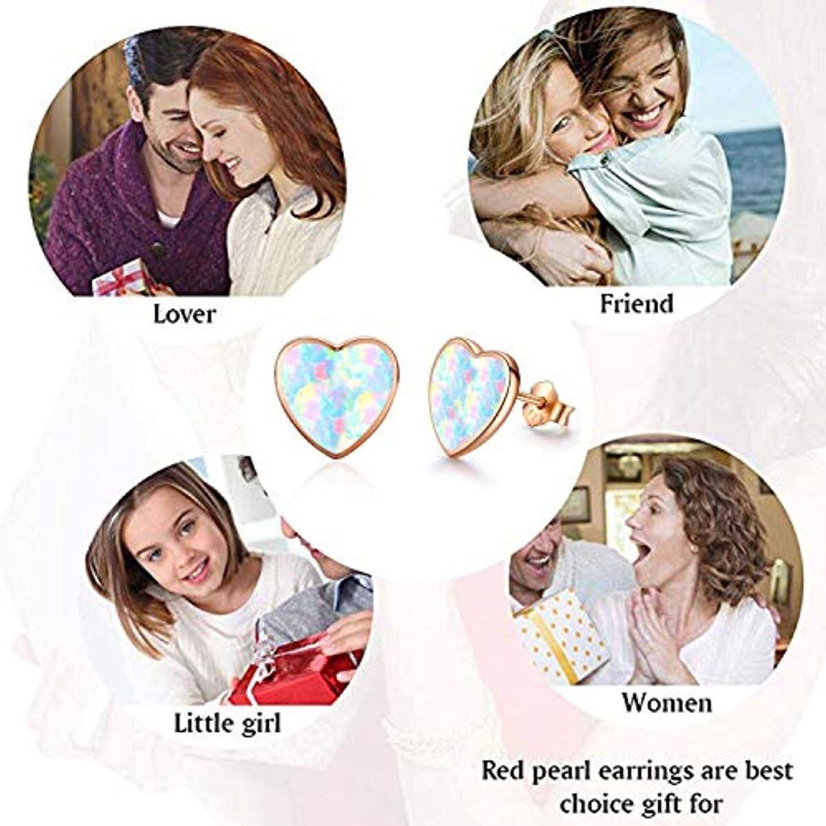 Sterling Silver Rose Gold Plated Opal Heart Stud Earrings for Women Kids-6