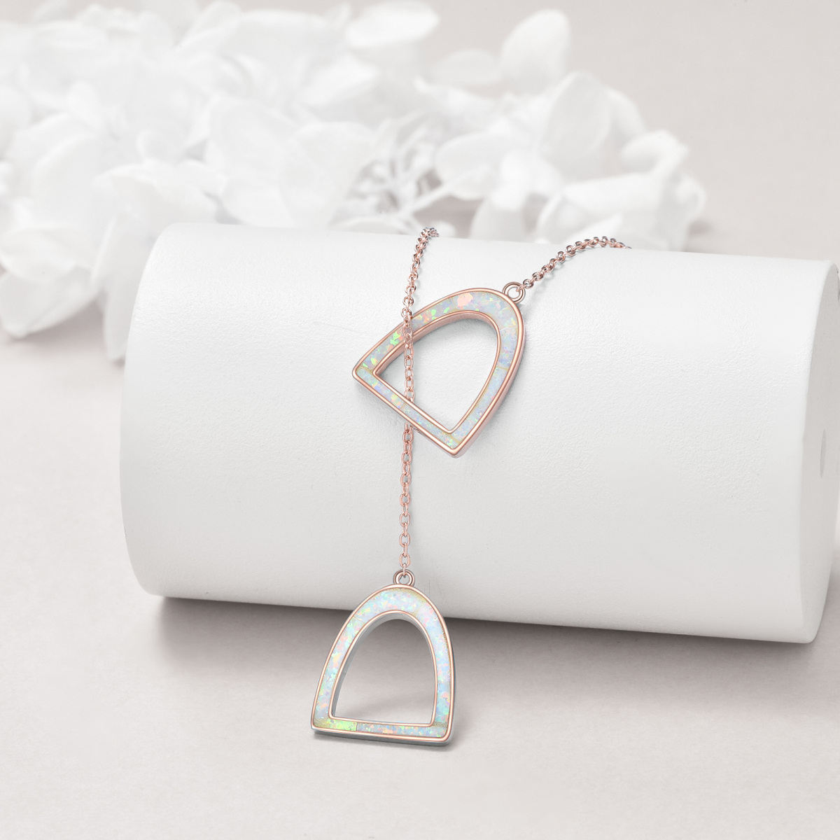 Sterling Silver with Rose Gold Plated Opal Horseshoe Adjustable Y Necklace-2