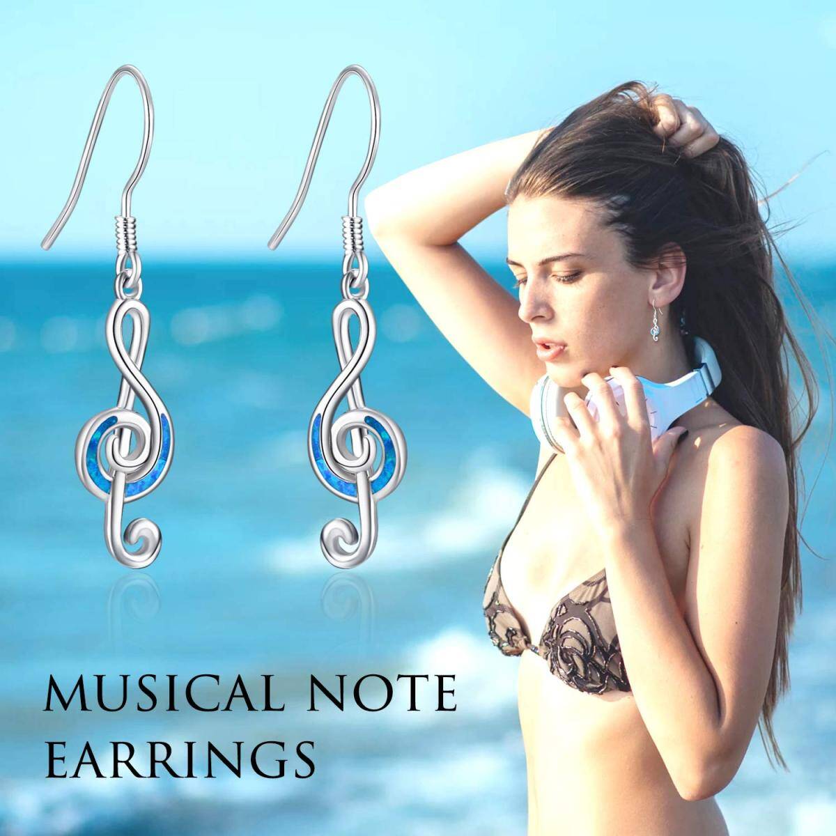 Sterling Silver with Rose Gold Plated Opal Music Symbol Drop Earrings-4