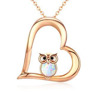 Sterling Silver with Rose Gold Plated Opal Owl & Heart Pendant Necklace-30