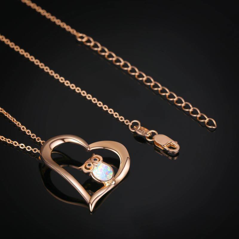 Sterling Zilver met Rose Goud Vergulde Opaal Uil & Hart Hanger Collier-4