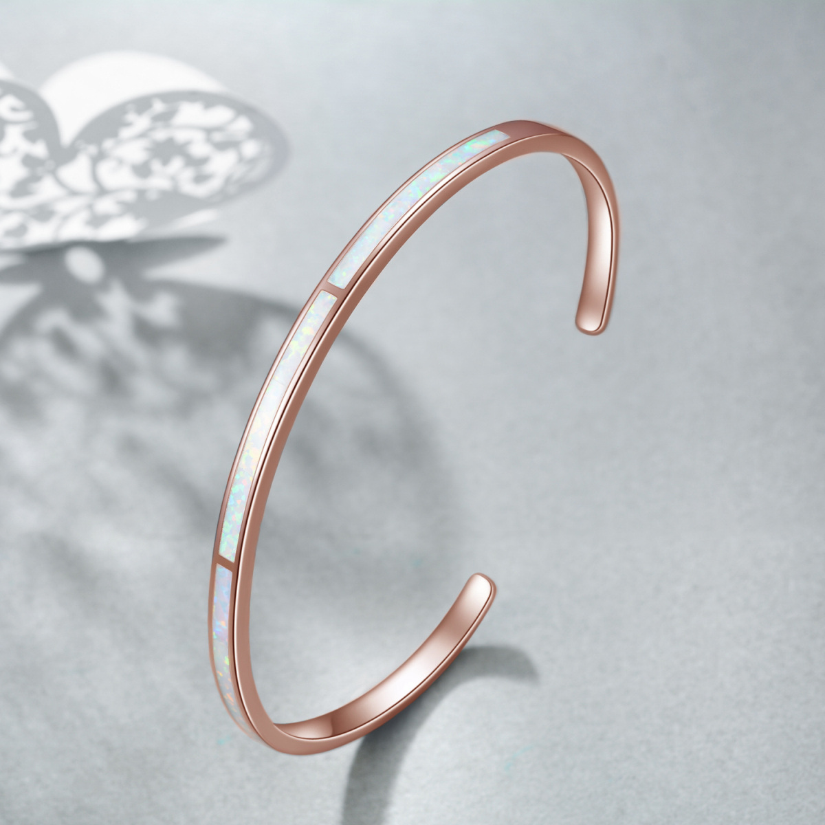 Sterling Silver with Rose Gold Plated Opal Plain Bangle-4