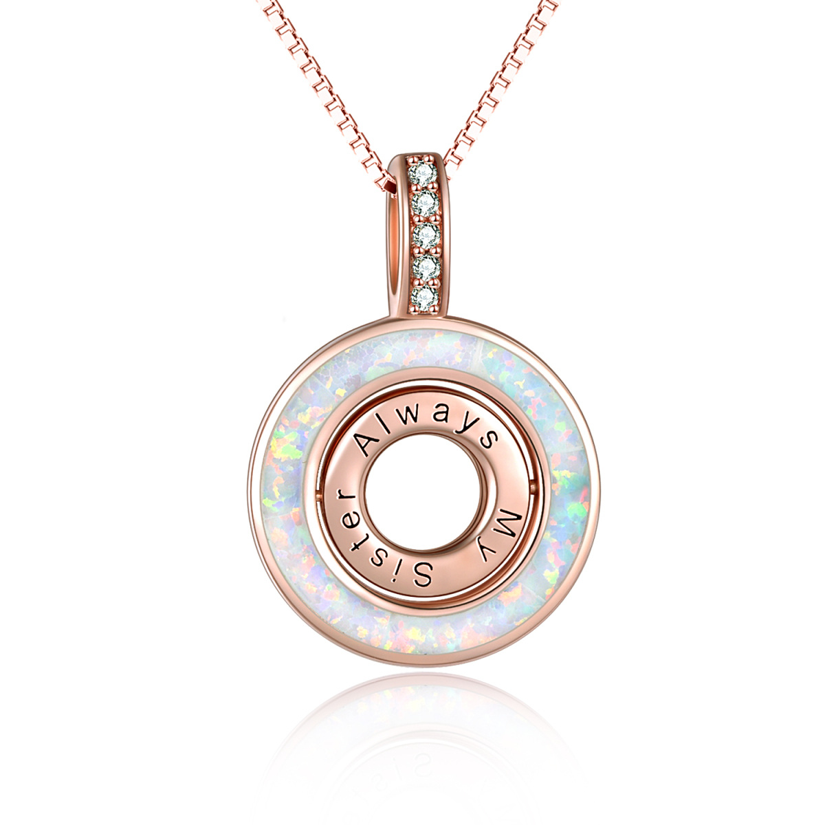 Sterling Silver with Rose Gold Plated Opal Round Rotate Spinner Necklace for Sisters-1