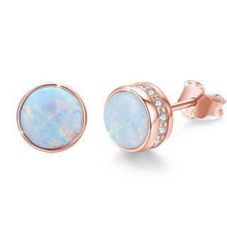 Sterling Silver with Rose Gold Plated Opal Round Stud Earrings-56