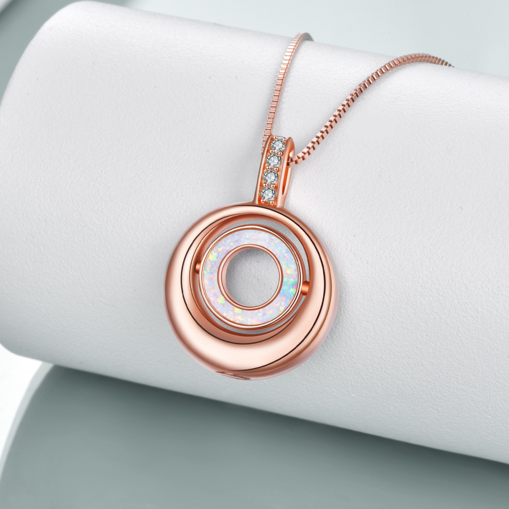 Sterling Silver With Rose Gold Plated Round Opal Urn Necklace For Ashes With Engraved Word For Women Best Friend-3