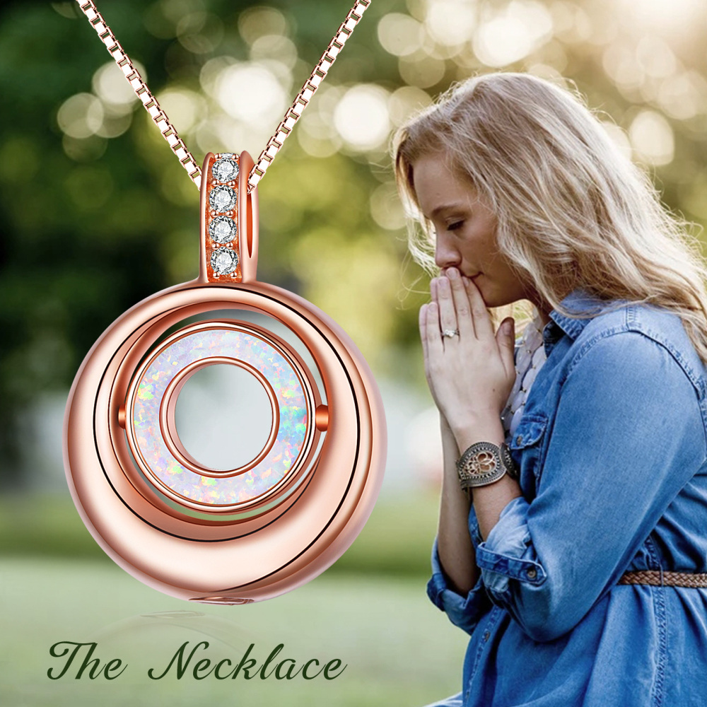 Sterling Silver With Rose Gold Plated Round Opal Urn Necklace For Ashes With Engraved Word For Women Best Friend-6