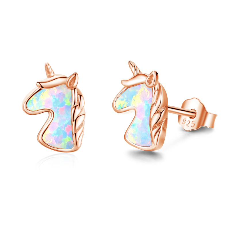 Sterling Silver with Rose Gold Plated Opal Unicorn Stud Earrings-6