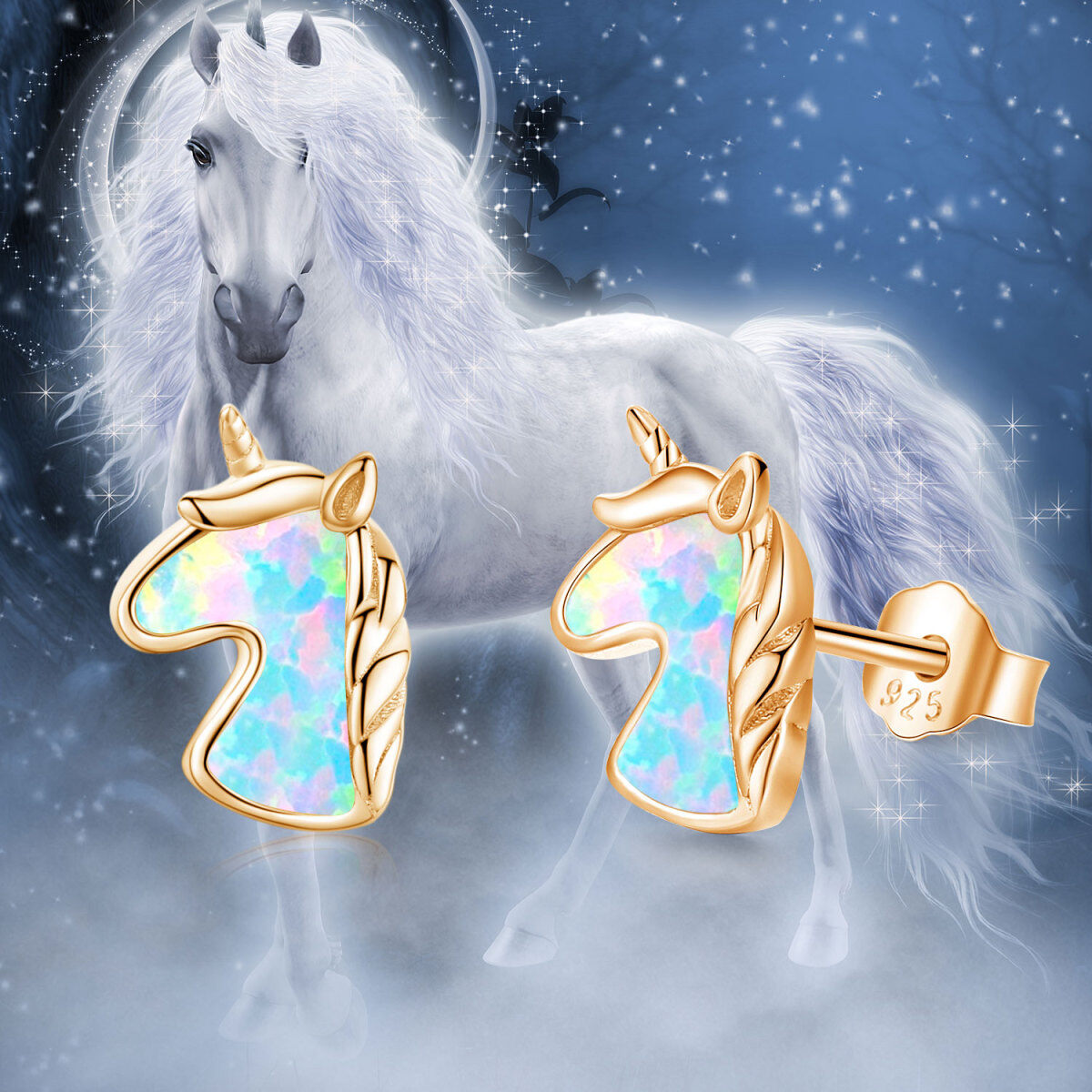 Sterling Silver with Rose Gold Plated Opal Unicorn Stud Earrings-3