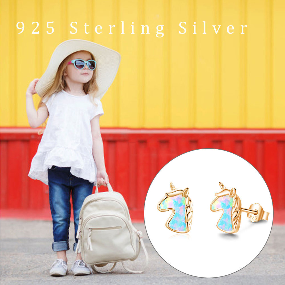 Sterling Zilver met Roségoud Vergulde Opaal Eenhoorn Oorstekers-4