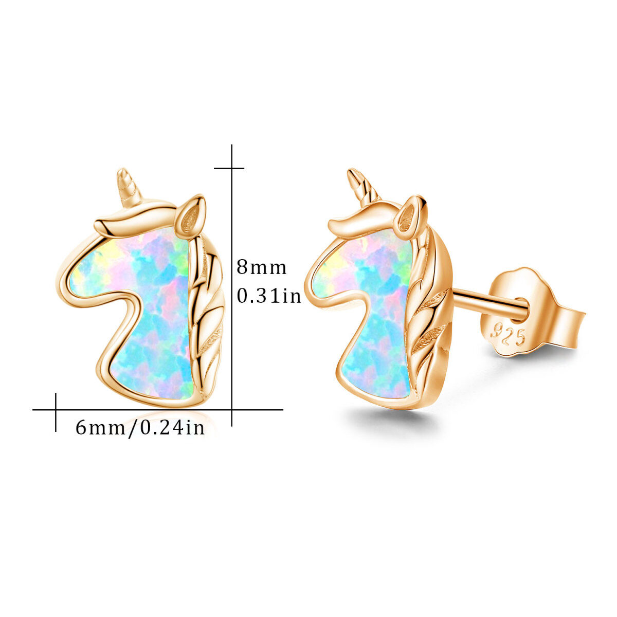 Sterling Silver with Rose Gold Plated Opal Unicorn Stud Earrings-5