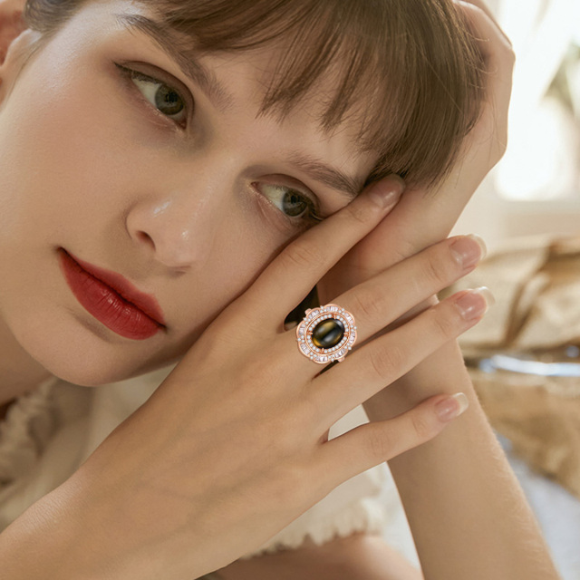 Anillo de ámbar ovalado de plata de ley con baño de oro rosa-2