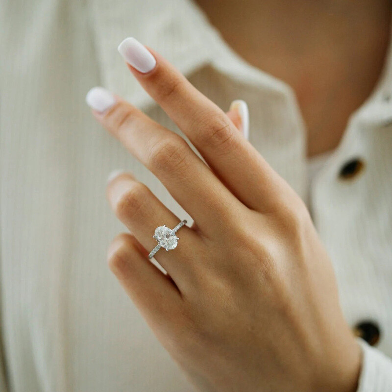 Prata de lei com banho de ouro rosa Moissanite oval Anel de noivado com gravação personalizada-2