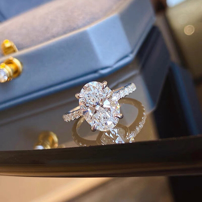 Prata de lei com banho de ouro rosa Moissanite oval Anel de noivado com gravação personalizada-7