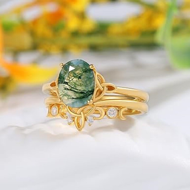 Sterling Silver with Rose Gold Plated Oval Shaped Moss Agate Personalized Engraving & Couple Engagement Ring-3