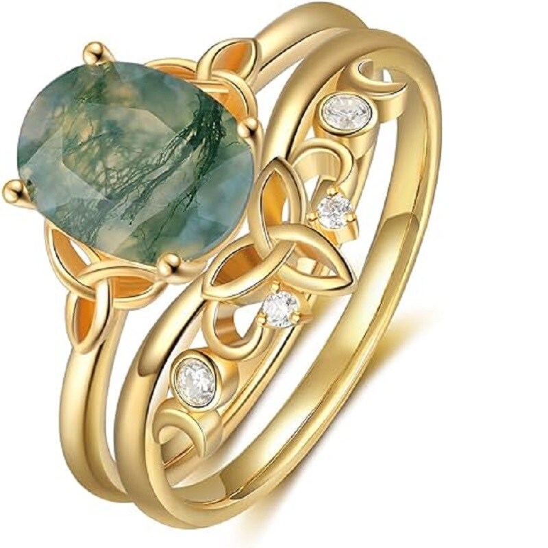 Srebrny z pozłacanym różowym złotem owalnym agatem mszystym, spersonalizowanym grawerem i pierścionkiem zaręczynowym dla pary-5