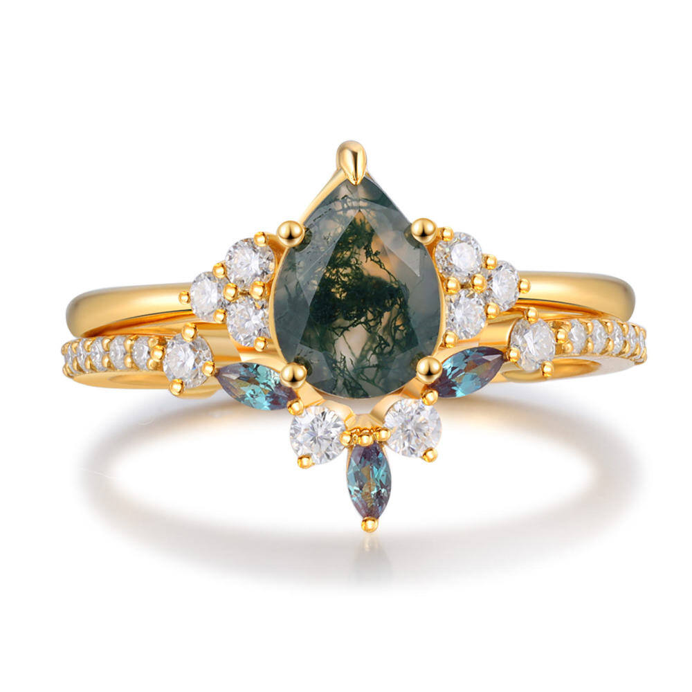 Sterling Silver with Rose Gold Plated Pear Shaped Moss Agate Personalized Engraving Engagement Ring-1