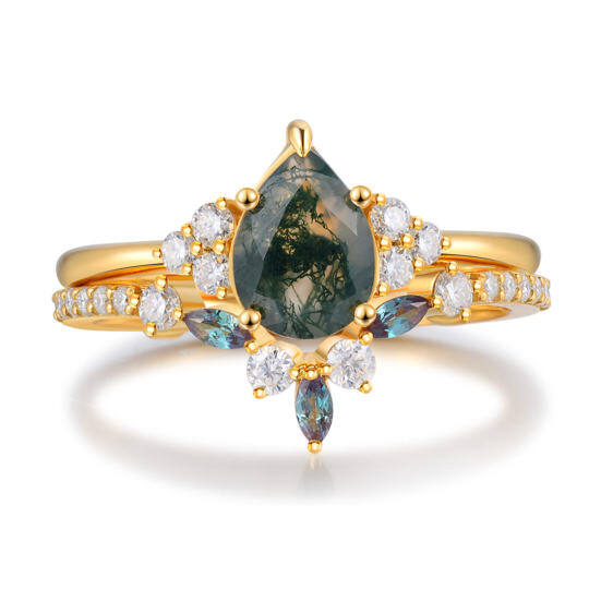 Sterling Silver with Rose Gold Plated Pear Shaped Moss Agate Personalized Engraving Engagement Ring-2