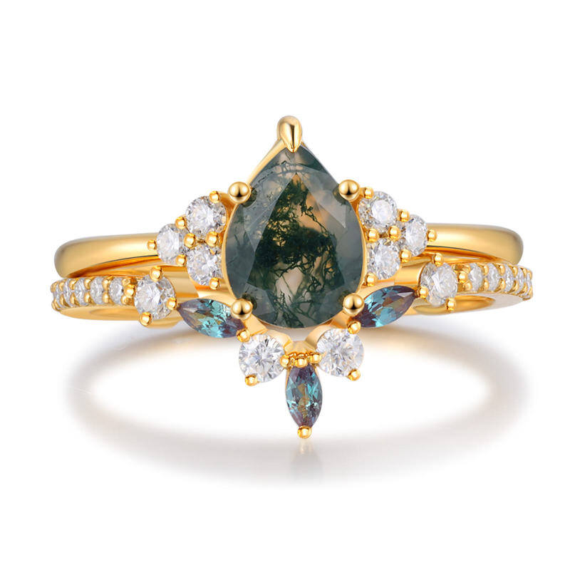 Sterling Silver with Rose Gold Plated Pear Shaped Moss Agate Personalized Engraving Engagement Ring-16