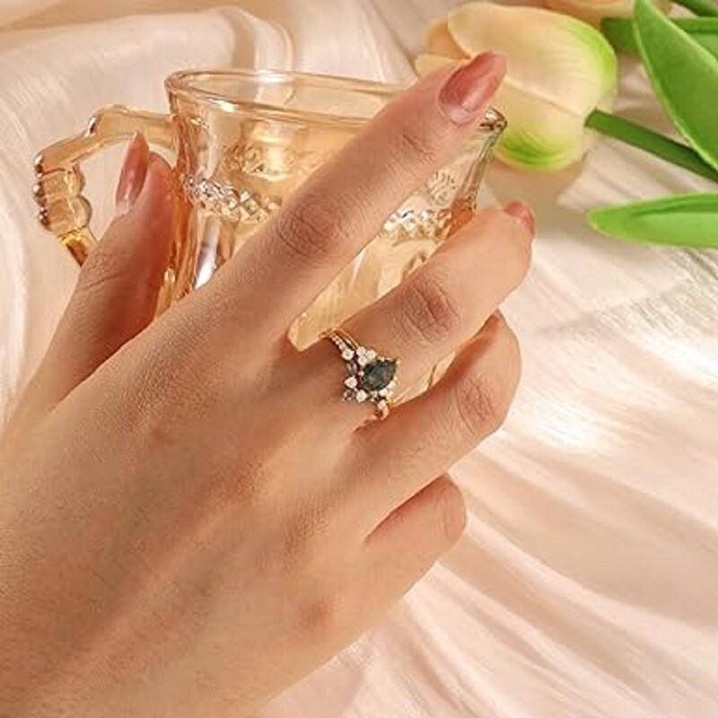 Sterling Silver with Rose Gold Plated Pear Shaped Moss Agate Personalized Engraving Engagement Ring-2