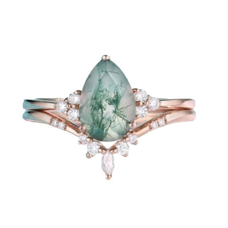 Sterling Silver with Rose Gold Plated Pear Shaped Moissanite & Moss Agate Ring-13