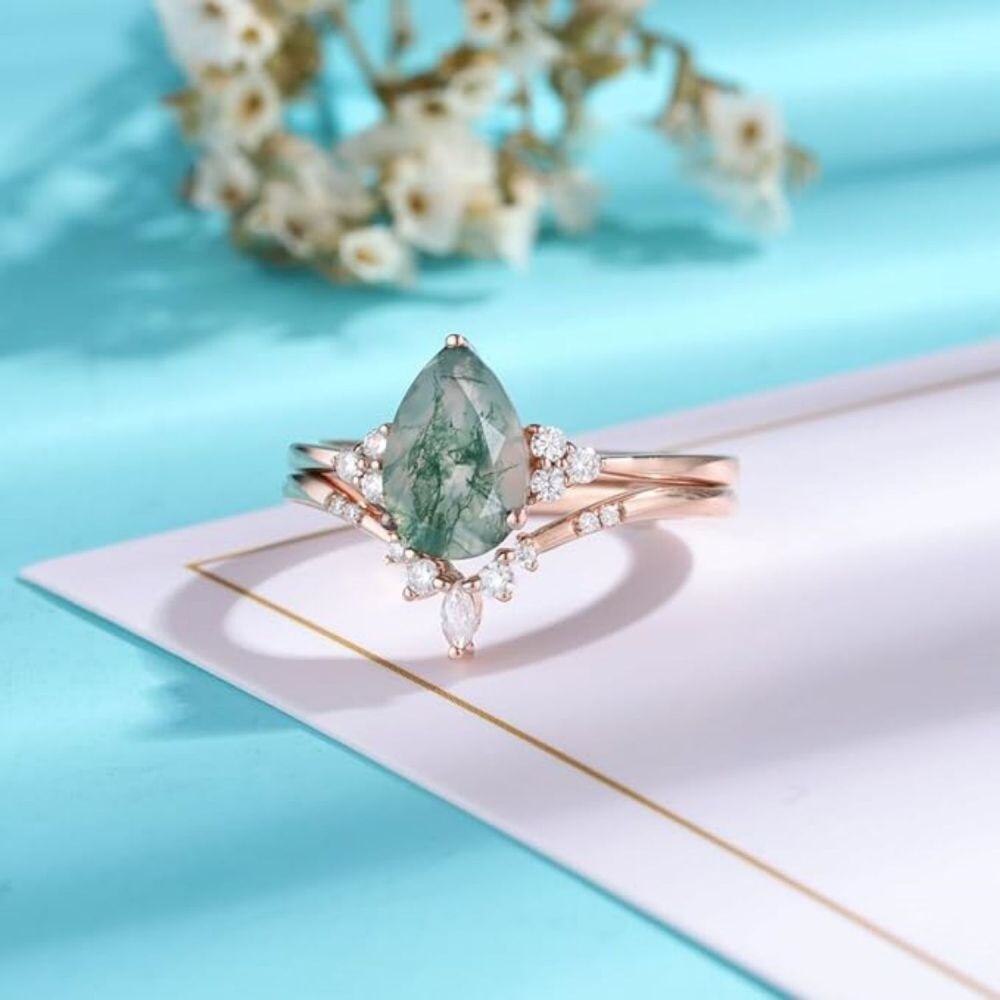 Sterling Silver with Rose Gold Plated Pear Shaped Moissanite & Moss Agate Ring-2