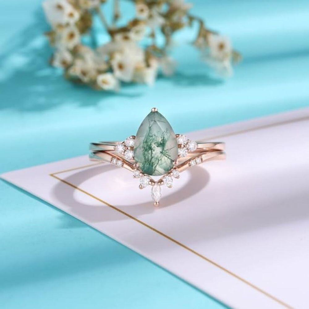 Sterling Silver with Rose Gold Plated Pear Shaped Moissanite & Moss Agate Ring-3