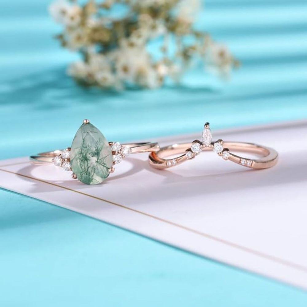Sterling Silver with Rose Gold Plated Pear Shaped Moissanite & Moss Agate Ring-4